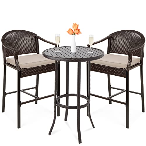 Best Choice Products 3-Piece Patio Bar Table Set, Outdoor Wicker Bar Height Bistro Furniture for Backyard, Poolside, Balcony w/Barstools, Cushions, Steel Frame – Brown/Beige