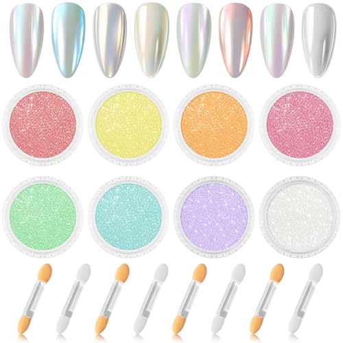 Ysimple 8 BoîTes Chrome Ongles Nail Art, Chrome Nails avec 8 BâTons de Fard à PaupièRes, Poudre NacréE Ongle Nail Art Miroir PigmentéE Perle Holographic...