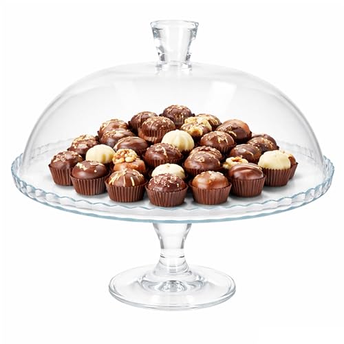 MamboCat Plateau à gâteau sur pied avec couvercle I Ø 32 cm I Plateau à gâteau en verre avec cloche en verre I Plateau de service pour tartes, gâteaux,...