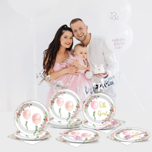 Image of 96Pcs Oh Girl Watercolor Pink Balloon Party Supplies Greenery Girl Baby Shower Tableware Set Pink Flower Party Favor Birthday Baby Shower Parties Plates and Napkins Table Decorations for 24 Guests