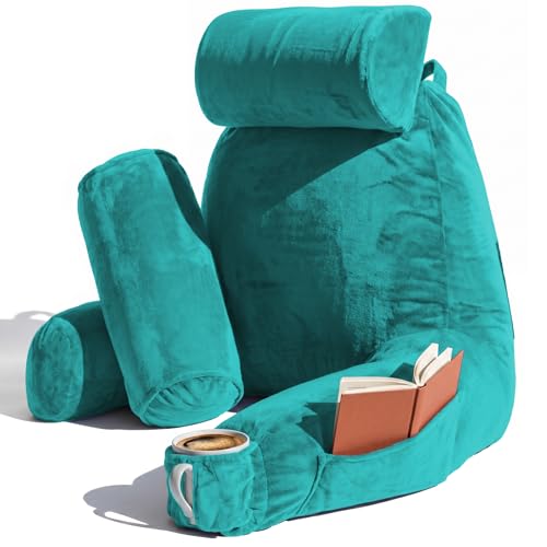 Image of Nestl Reading Pillow with Shredded Memory Foam Includes 2 Neck and Lumber Support Pillows, Designed for Sitting Up in Bed and Couch, Back and Arms Adjustable Support for Adult & Teens, Teal