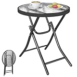 Outsunny Foldable Garden Table, Round Folding Table with Glass Tabletop and Safety Buckle for Patio, Garden, Outdoor, Indoor, Black