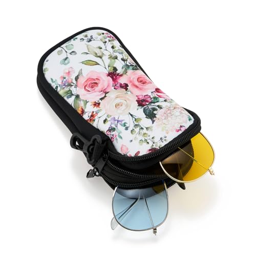 QIUTIMIY Sunglasses Soft Case Zipper Double Eyeglass Case with 2 Compartments 1 Belt Clip(Rose)