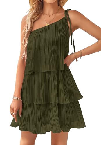 Image of ZESICA Women's Boho Summer One Shoulder Sleeveless Ruffle Tiered Layered Chiffon Pleated A Line Flowy Mini Dress