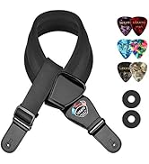 [LEKATO] ギターストラップ 幅7.6cm 厚さ1.5cmエアクッション付 軽量 レザエンド 負担軽減 6枚ピックと2個ストラップロック付属 ブラック