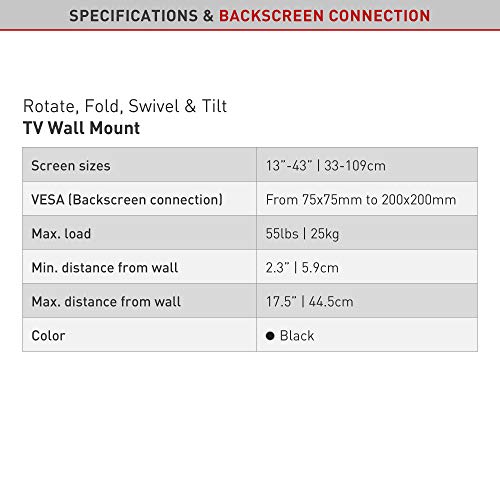 Barkan Tv Wall Mount, 13 - 43 Inch Full Motion Articulating - 4 Movement Flat / Curved Screen Bracket, Holds Up To 55 Lbs, Patented, Ul Listed, Fits Led Oled Lcd, Black (2400.B) #TOP4