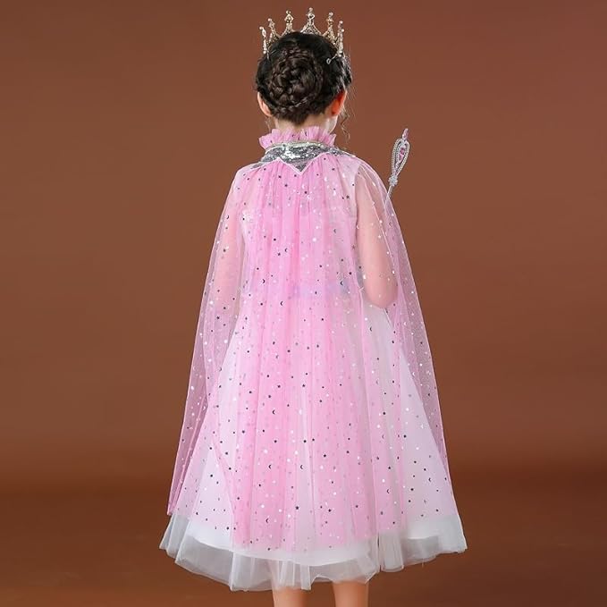 Image of Princess Cape for Girls - Colorful Sequin Cloak with Crown and Wand for Birthday, Halloween, Fancy Dress & Carnival