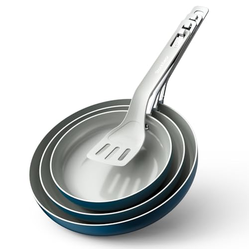 Image of Stackbear Ceramic Frying Pan with Floating Stackable Design - Non Stick Frying Pans 3pc (8/9.5/11") with Spatula, Non Toxic Cookware, PFAS/PTFE/PFOA-Free, All Cooktops, Oven & Dishwasher Safe