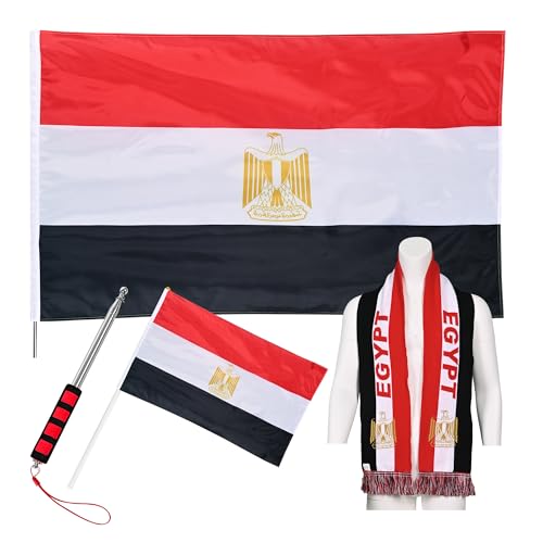JAY CROFT Egypt Knitted Country Flag Scarf with Body Flag Hand Flag and Telescopic Flagpole Football Soccer Supporter Gear for Men Women