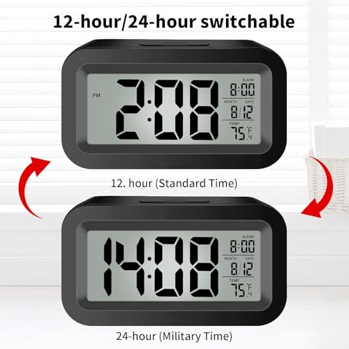 Image of Jamboree!!! Digital Black Clock Large Display with Calendar for Home Office Travel Table Snooze Electronic LED Desktop Clock with Temperature