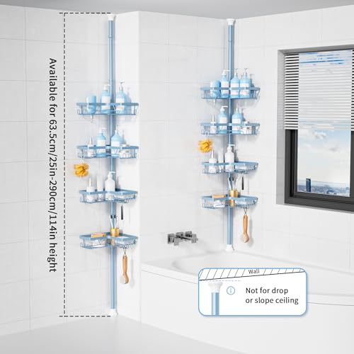 Image of KEGII Shower Caddy Tension Pole, 4-Tier Rustproof Adjustable Corner Bathroom Organizer for Renters, 25-114.2 Inch No Drill Space-Saving Shower Storage Rack, Blue