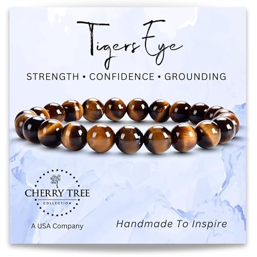 Cherry Tree Collection Tigers Eye Bracelet – Handmade 8mm Natural Tigers Eye Beaded Stretch Bracelet for Men & Women – Healing, Protection & Positive Energy – Unisex Jewelry, Gift-Ready - Medium