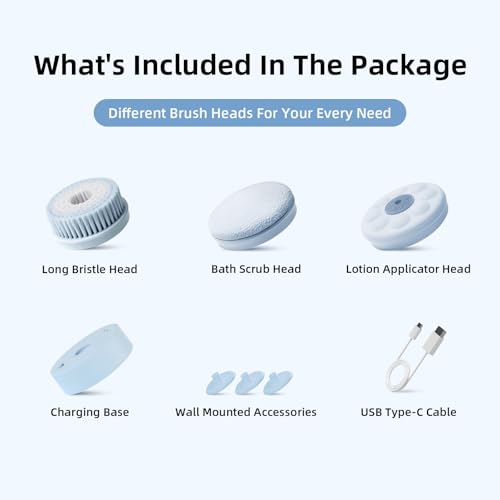 Image of Electric Body Brush, Back Scrubber for Shower, Waterproof Shower Scrubber with Long Handle, 3 Replaceable Heads & 2 Speeds, Sky Blue