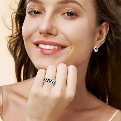 Checkered Jewelry Set for Women - 18K Gold Plated Stainless Steel Checkerboard Ring & Black and White Checkered Hypoallergenic Chunky Huggie Hoop Earring, Gift-Ready Packaging for Her (Silver, 8) by LuckyAmor - Used condition - Image 3