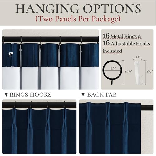 Image of QJmydeco Navy Blue Blackout Curtains 96 Inch Length for Kids /Boys Rooms /Bedroom, Pinch Pleated Drapes with Hooks Viral Linen Thermal Coastal Curtain Dark Blue Window Burg (40 inch Wx96 Lx 2 Panels)