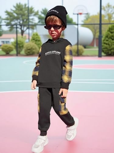 2-6T Toddler Baby Boy Clothes Long Sleeve Hooded Pullover Plaid Sweatshirt + Pants 2pcs Fall Winter Outfit Set4