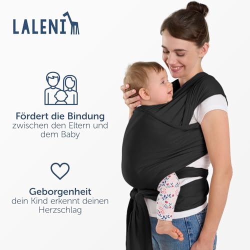 Laleni Tragetuch Baby neugeboren bis 15 kg aus weicher Baumwolle - Babytrage Neugeborene ab Geburt - OEKO-TEX zertifiziertes Tragetuch Kleinkind - Wickeltuch Baby mit 5,10 m Länge - Trage in Schwarz