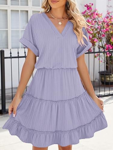Image of PerZeal Women's Casual V Neck Short Sleeve Tiered Dress Ruffle Hem A-Line Flowy Swing Midi Dresses