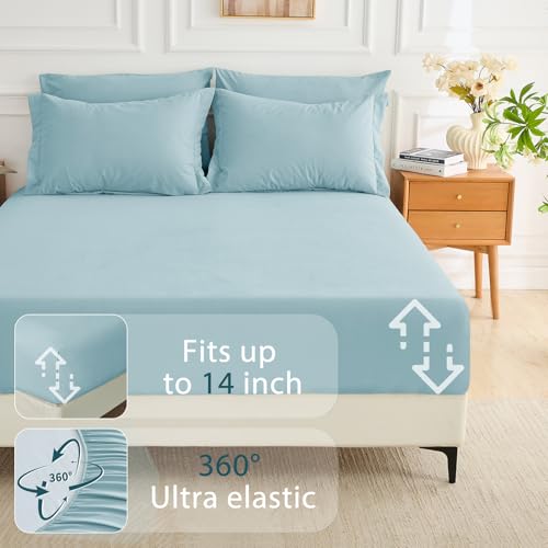 MUXHOMO 7 Pieces King Comforter Set, Soft Bed in a Bag King Size, All Season Bedding Set with Comforter, Flat Sheet, Fitted Sheet, Pillowcases & Shams, Lake Blue