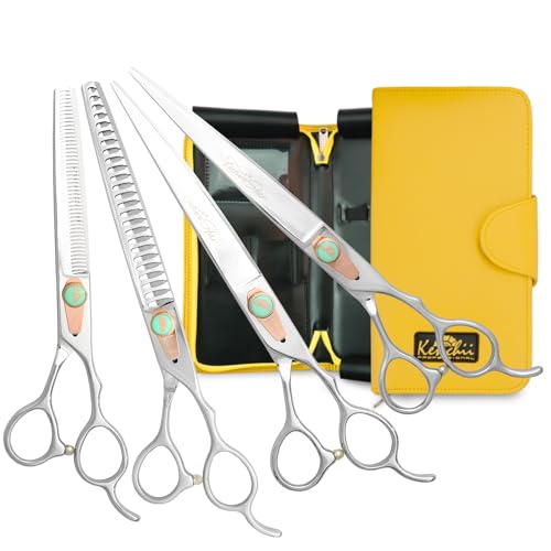 Kenchii Future Star Dog Grooming Scissors Righty Set Premium Kit for Novice & Pro Groomers Straight Curved Thinner & Blender Shears with Micro Serrated Blades Includes Case and Inserts.