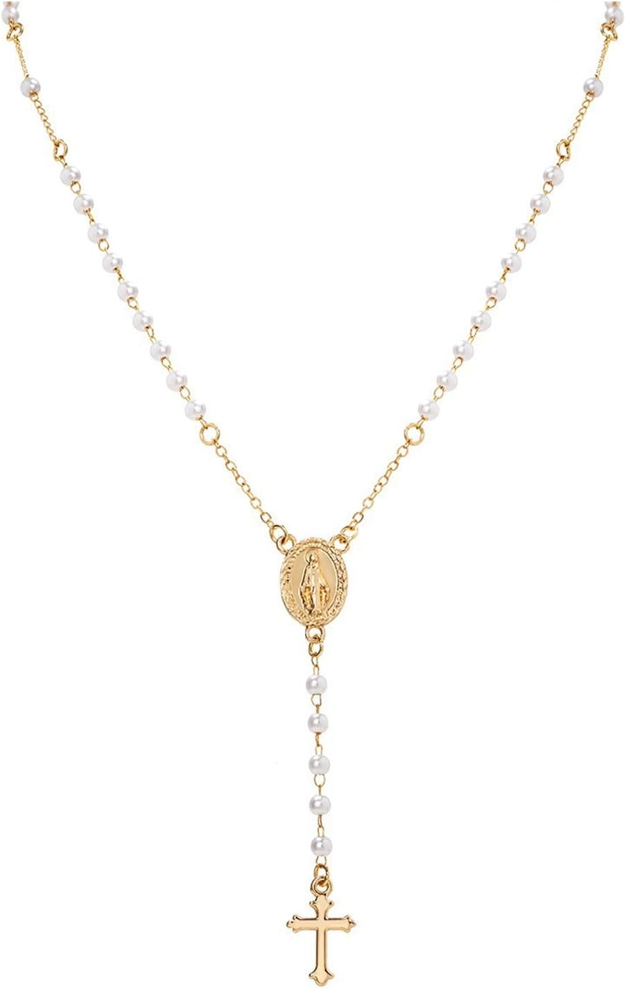 Gold Virgin Mary Cross Beaded Y Necklace for Women Vintage Rosary White Cross Pearl Pendant Necklaces Adjustable Religious Statement Neck Jewelry - Image 7