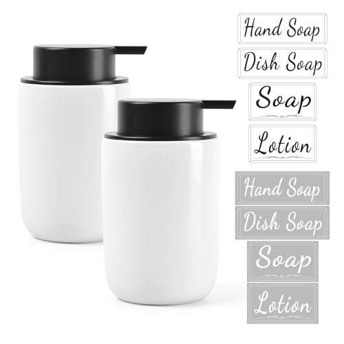 Image of BosilunLife White Soap Dispenser Set - 2 Pack 12oz Ceramic Dish Soap Dispenser with Rust Proof Pump for Kitchen, Hand Soap and Lotion Set Suitable for Farmhouse Bathroom Decor with Waterproof Labels