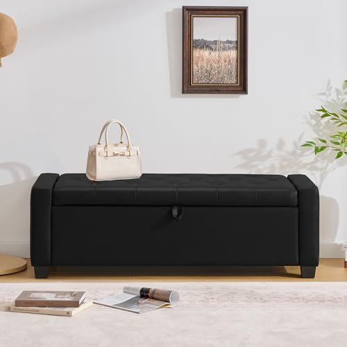 Image of Huatean Home 48 inch Ottoman with Storage, Storage Ottoman Bench with Safety Hinge, Upholstered Entryway Bench with Seating for Bedroom, Living Room, Holds up to 330 lb, Light Black