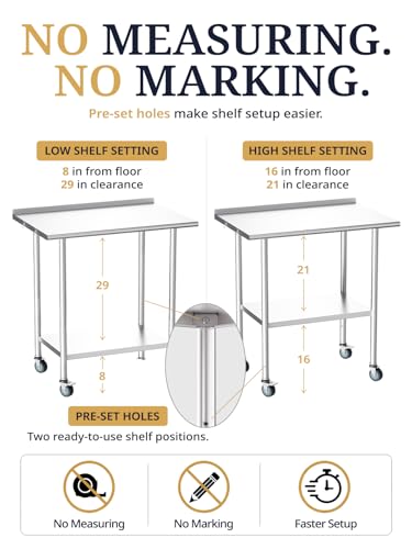 Image of Atelicf All-Stainless Steel Prep Table, 30 x 48 Inch, with Rounded-Corner Backsplash, Casters and Adjustable Undershelf, Heavy-Duty Build for Outdoor Use, Restaurants, Kitchens, Gardens, and Garages