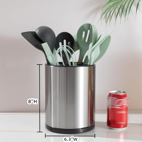 Image of 360 Rotating Stainless Steel Utensil Holder for Kitchen Counter Stainless Steel Spoon, Spatula & Cutlery Organizer 3-Compartment Caddy Kitchen Countertop Storage Rack with Drainage