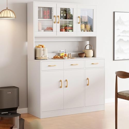 EUNEWR Armadietto da cucina, 170 cm, in legno, credenza, armadio da cucina con anta in vetro e tre cassetti, armadietto per vetrina bianco, vano portaoggetti multifunzionale, bianco