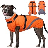 BRKURLEG Dog Winter Jackets for Large Dogs, Dog Coat with Harness Built in, Dogs Snowsuits with Zipper, Waterproof Windproof Pet Puffer Jacket Fleece Vest for Beagle, Pitbull, Orange XL