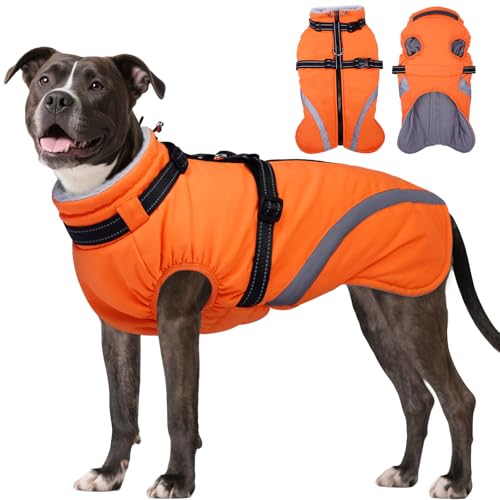 Image of BRKURLEG Dog Winter Jackets for Medium Dogs, Dog Coat with Harness Built in, Dogs Snowsuits with Zipper, Waterproof Windproof Pet Puffer Jacket Fleece Vest for Pug, French Bulldog, Orange M