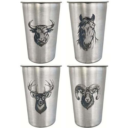LVDGE 4 Pack 16oz Conical Stainless Steel Cups - Laser Engraved Animals, Stackable Durable Metal Cold Drink Cups for Parties & Outdoor Events (Bull/Horse/Deer/Ram)