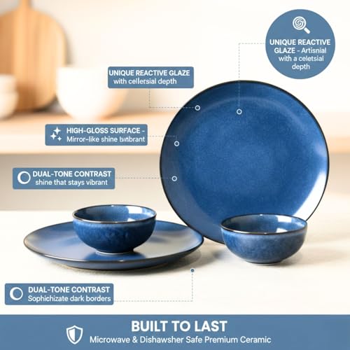 Image of Freakway Reactive Glaze Dinner Set, 4 Piece Stoneware Set, Midnight Blue, 2 Dinner Plates and 2 Serving Bowls