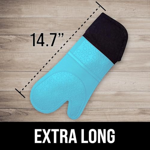 Image of BPA-Free Soft Silicone Oven Mitts - Ultra Heat Resistant Oven Mitts with Thick Cotton Liner - Extra Long Slip Resistant Pot Holders, Flexible Oven Gloves - Aqua /Black 14.7 inch