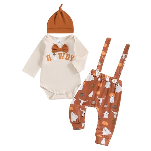 Image of Toddler Baby Boy Fall Gentleman Suit Set 3pcs Long Sleeve Howdy Ghost Print Bow Romper Suspender Pants Hat Set (Yellow, 6-12 Months)