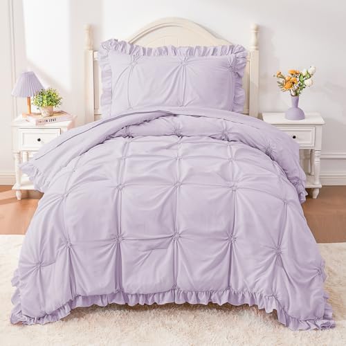 Image of Twin Comforter Set for Girls, Boho Pintuck Bedding Comforter Sets, 4 Pieces Ruffles Jacquard Embroidery Twin Bedding Sets with Comforter, Fitted Sheet, Flat Sheet and Pillowcase, Purple