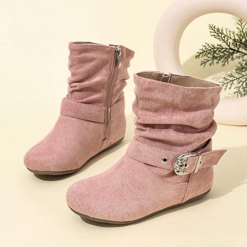 Boots for Girls Kids Ankle Boots with Side Zipper Dress Boot No Heels Booties for Girl Cute Round Toe Non Slip Outsole Ajustable Buckle Mid Calf Boot for Girls2