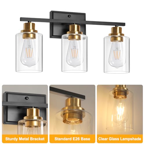 Image of Unicozin 3 Light Bathroom Light Fixtures, Modern Vanity Lights Over Mirror, Black and Gold Wall Lamp with Clear Glass for Living Room Cabinet Bedroom Porch