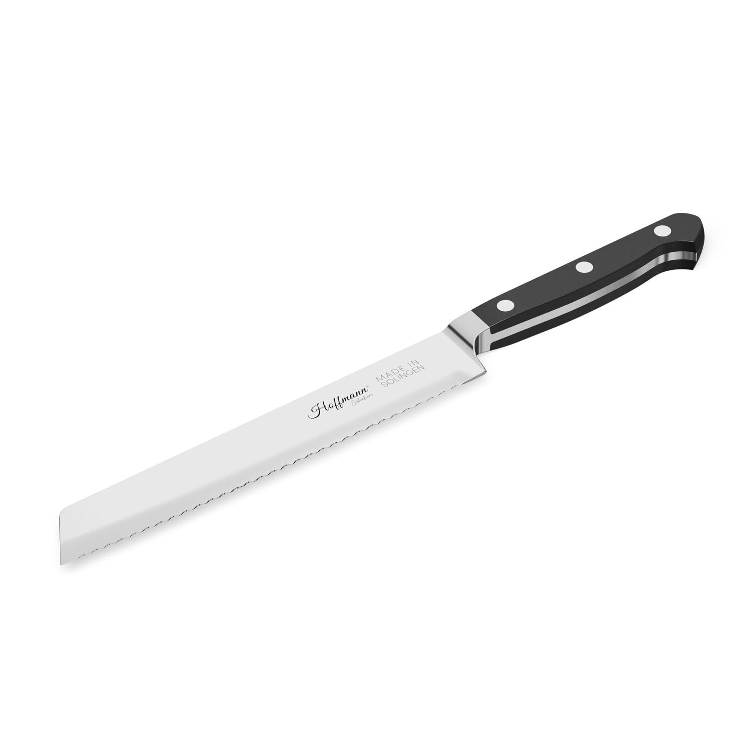 Hoffmann Brotmesser, Handgeschmiedet in Solingen, Edelstahl, Klingenlänge 21 cm Wellenschliffklinge, POM-Griff, 185g, Professionelles Küchenmesser Made in Germany, Brotschneidemesser, Küchenmesser