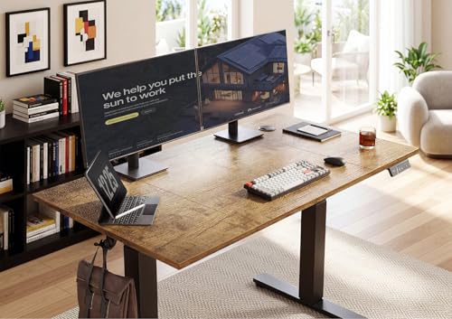 Image of YDN Electric Standing Desk Adjustable Height, 55 x 24 Inches Sit Stand up Desk with Memory Presets & Cable Management, Home Office Desk for Office & Computer Workstation, Black Frame /Rustic Brown Top