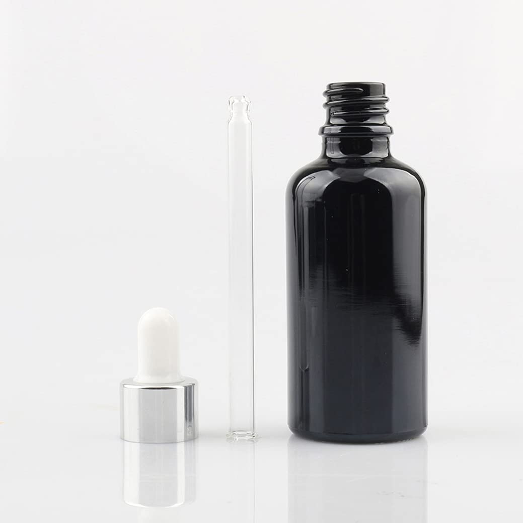 24 Piezas Negro Frasco Cuentagotas Cristal 50ml, Botellas Cuentagotas Vacío con Pipeta de Vidrio Plata/Blanco, para Fragancias de Arorapia de Aceites Esenciales, Masaje, Viaje