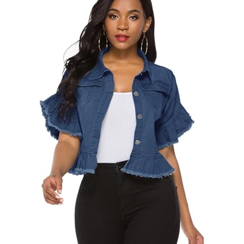 Suvimuga Women's Denim Jacket Button Down Distressed Ruffle Sleeve Crop Jean Jackets Coat DarkBlue M Cover