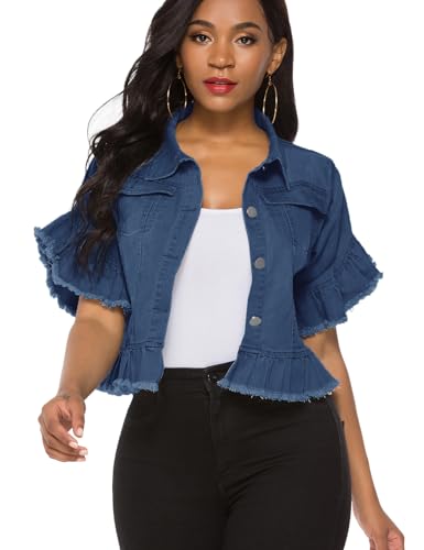 Image of Suvimuga Women's Denim Jacket Button Down Distressed Ruffle Sleeve Crop Jean Jackets Coat