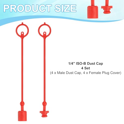 Image of PATIKIL 1 /4 inch ISO-B Hydraulic Coupler Male Dust Cap and Female Plug Cover, Set of 4 Rubber Quick Disconnects Port Plug Cover Fittings Red Cap with Retention Ring