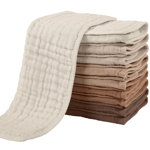 Image of Yoofoss Muslin Burp Cloths for Baby 10 Pack 100% Cotton Baby Washcloths for Boys Girls Large 20''X10'' Super Soft and Gradient Coffee