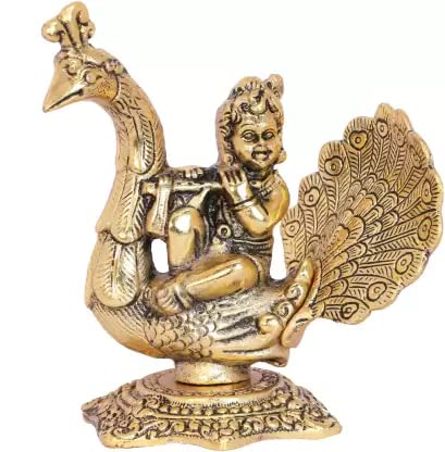 Image of KridayKraft Lord Krishna Sitting on Peacock Metal Statue Krishna Idol Playing Flute Decorative Showpiece - 15 cm (Aluminium, Gold)