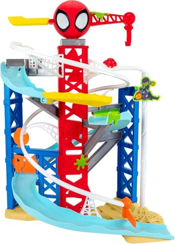 Image of Jazwares Marvel Spidey and His Amazing Friends Construction Zone Chaos Track Set - 2-Foot High Dual Race Track with Zip Line, Play Zones, and Exclusive Vehicles