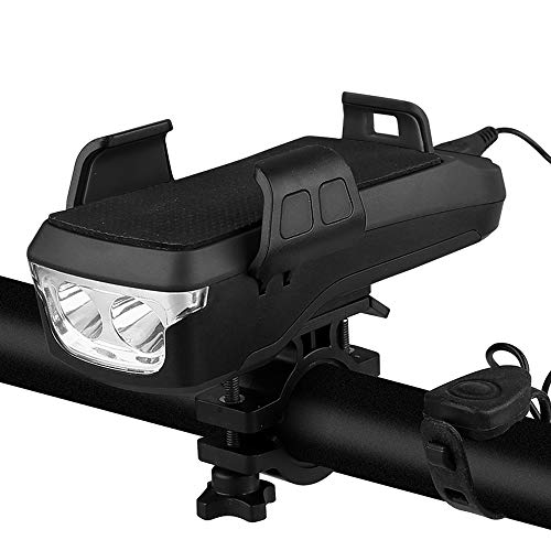 Hongtianyuan Luz Bicicleta,Recargable USB LED Luz Bicicleta,Impermeable 4 in 1Luz Bicicleta Delantera, con Soporte para Teléfono,Cuerno,Banco de energía,4000mAh.(Negro)