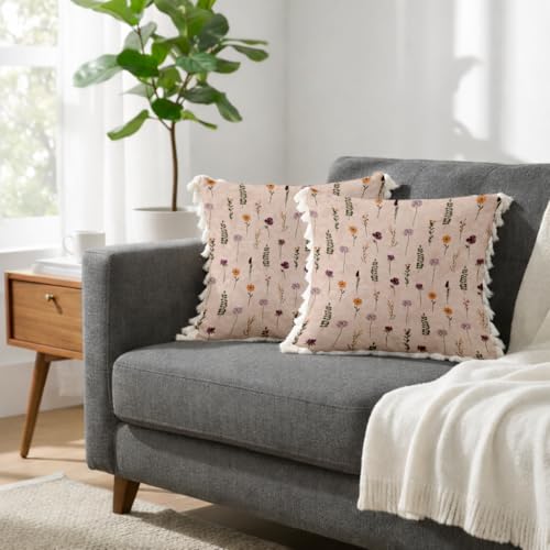 Image of STITCHNEST 'Little Meadow Series' Tassled Cushion Cover | Set of 2 | Floral Cushion Cover 16 inch x 16 inch